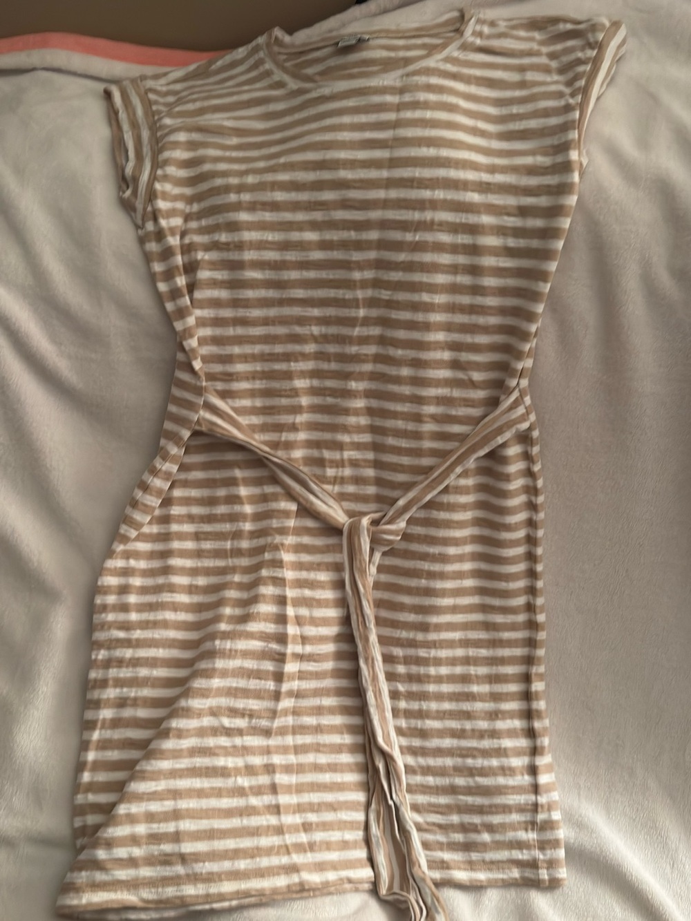 J. Crew Beige and White Striped Tie-Waist Tee Dress